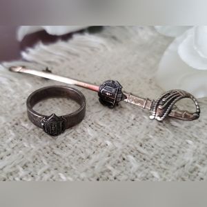 Antique Fraternity Sterling Silver Sword W/ Crest Pin Brooch & Sz 5 Ring. J-501